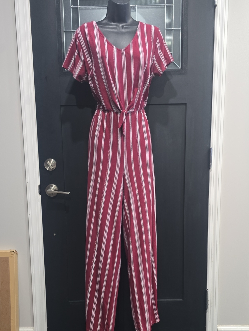 Striped V-Neck Faux Tie-Waist Jumpsuit in Wine Sz L